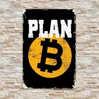 Vintage Retro Bitcoin Crypto Currency PLAN with Golden BTC Symbol on Black Background Grunge Texture Design HD Metal Picture W 20x30cm（7.8x11.8inch）