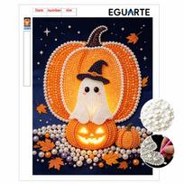 DIY Frameless Pearl Painting Kit Cute Ghost Pumpkin Pattern 3D Shiny Bead Art Canvas Relaxing Creative Autumn Craft Decor Gift 30x40cm
