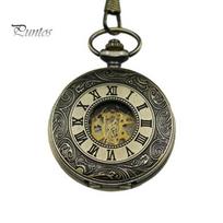 Unisex Vintage Hollow Carved Roman Numerals Case Mechanical Pocket Watch Gift bronza
