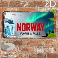 D retro aluminum license plate for Norwegian fjord waterfall with aurora and glacier design frameless metal sign 15x30cm(5.9x7.8inch)