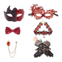 5Pcs Masquerades Costumes Accessories Halloween Costumes Couple Masquerades Mask Gloves Brooch for Cosplay Dressing Up raudona