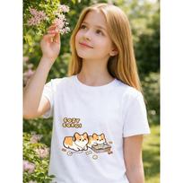 Girls Cute Corgi Print Crewneck Short Sleeve Tee, Soft Breathable Casual Top for School Daily Outings 110 balta