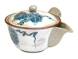 Cute Arita ware teapot with tea featuring a stylish white glaze and grape and includes a stainless steel tea Japanese-made strainer, design, strainer.
