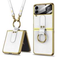 Prabangus odinis dėklas su žiedu-laikikliu Samsung Galaxy Z Flip 4 5g dėklui, dengtas metalu, su dirželiu per petį Samsung Z Flip4 dėklui case with strap balta