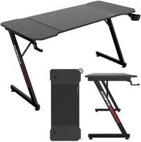 Žaidimų stalas 140 cm su kilimėliu, puodelio laikikliu, ausinių kabliu, juodas kompiuterio stalas, ergonomiška žaidimų stotis, PC stalas, konsolės stalas