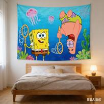 Kawaii SpongeBob Patrick Gobelenas Bikini Bottom Veikėjai Sienos Menas Gobelenas Namų Dekoras, Šventės Fonas Ir Dovana Vaikams 74x94cm(29x37in)