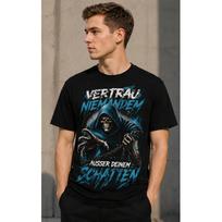Men's black graphic tee with grim reaper print, short sleeve crew neck casual wear, soft cotton feel, edgy street style for daily outings S juoda