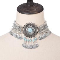 Statement Vintage Choker Necklace Women Bohemain Collares Flower Crystal Rhinestone Blue Beaded Coin Tassel Ethnic Gypsy Jewelry
