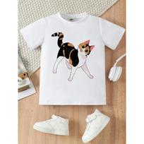 European sizes Charming Calico Cat Design on a Short-Sleeve Crew Neck T-Shirt for Girls, Offered in Black And White 98cm balta