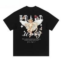 25 Summer Fashion Peach American Short Sleeve T-shirt Men's Angel Cupid Letter print cotton drop shoulder round neck half sleeve S įvairiaspalvis