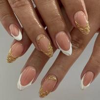 24PCS Elegant Press On Nail French Tip Design with Gold Glitters Sparkling 3D Art Artificial Nail Durability ABS Build 1