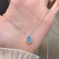 Blue Teardrop Halo Zircon Pendant Necklace Elegant S925SterlingSilver Shining Cocktail Party Jewelry sidabras