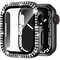 Stiklo+Deimantų Dangtelis Apple watch dėklui 46mm 40mm 44mm 41mm 42mm 45mm Bling Bamperis Apsauga iWatch Serija 11 10 9 SE 7 8 dėklas 42mm series 3 2 1 juoda