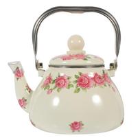 1 litro vintažinis emaliuotas arbatinukas su japonišku dizainu, patogus užplikymui, elegantiškas gėlių raštas, izoliuotas, skirtas naudoti ant viryklės, stovyklavimui