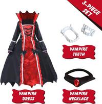 Vampyro kostiumas Helovino apranga ilga elegantiška juoda 10-12 metų — helovyno kostiumas, vampyrės suknelė, kostiumas mergaitei, karnavalinis kostiumas, gotiška vaikiška suknelė, kostiumas baliui, vampyro kostiumas