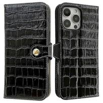iPhone 16 Pro Max Genuine Cow Leather Case with Crocodile Texture Wallet Cover juoda