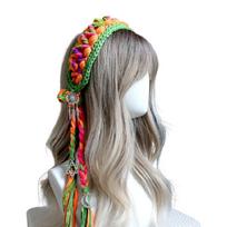 Soft Knitted Tassels Hairband Adjustable Headwrap For Sensitive Scalp Beach Wedding Or Daily Use žalia
