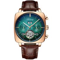 Ailang Men's automatic mechanical watch square case hollow waterproof luminous calendar multi-functional fashion wristwatch žalia/auksas
