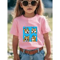 European sizes Cute Cartoon Corgi Dog Print T-Shirt | Fresh Light Blue Background, Perfect for Summer, Outdoor Activities and Casual Wear 98cm rožinė