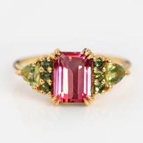 Emerald cut Pink Tourmaline Engagement Ring: Peridot Cluster 925 Sterling Silver Ring: Art Deco Bridal Wedding Jewelry Gift For women K sidabras