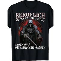 Men's black short-sleeve crew neck tee with grim reaper graphic, soft cotton feel, sarcastic german text print, casual daily wear S juoda