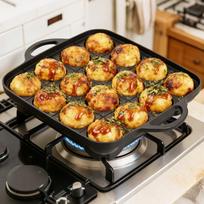 Takoyaki keptuvė 16 skylių aštuonkojų kamuoliukų gaminimo plokštelė dujinei viryklei Autentiškas Osakos gatvės maisto gaminimo įrenginys Takoyaki gaminimo įrenginys kepimui juoda