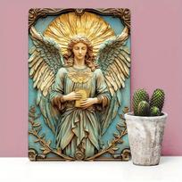 Religious Guardian Angel Holding Bible with Golden Halo Wings Ornate Frame Metal Tin Sign  HD Printed Tin Plate Artwork with Vi 20x30cm（7.8x11.8inch）