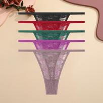 FINETOO 5Pcs Lace Floral Print Thongs Women's Sexy Transparent G-Strings Panties Low Waist Breathable Underwear Female T-back Lingerie S