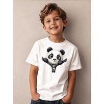 Boys Cute Panda Zipper Print Black Crewneck Short Sleeve Tee 110 balta