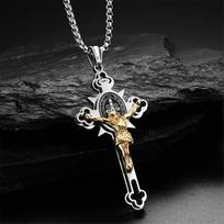 FLQWLL Religija Nerūdijančio Plieno St. Benedikto Nukryžiuojamojo Pakabukas su 60 Cm Grandinėle,St. Benedikto Egzorcizmo Kryžiaus Karoliai Puikiai Tinka Moterims ir Vyrams,Auksiniai