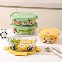 KAWASIMAYA Panda Glass Lunch Box Microwave-Safe Bento Box for Office Workers, Food Container without Dividers 600ml (Greenn)