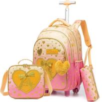 3PCS Rolling Backpack School Trolley Bag for Girls Roller Backpack for Elementary Students Carry on Luggage Bookbag with Roller