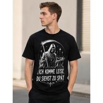 Men's black short-sleeve crewneck tee with grim reaper graphic, soft cotton feel, edgy streetwear style for casual outings or themed events S juoda