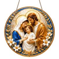 2D Flat, 1pc Round Aluminum Hanging Sign, Mosaic Border Holy Family Virgin Mary Joseph Baby Jesus White Lily Golden Leaf Print, Catholic Religious 7.87×7.87inch