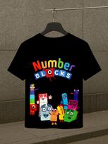 Europos dydžiai 3D spausdinami poliesteriniai berniukų marškinėliai | „Numberblocks“ smagus dizainas Ryškūs personažai ir laidos logotipas demonstruoja edukacinę animacinę madą 98cm juoda