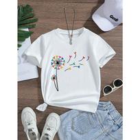 European sizes Lovely Colorful Love Dandelion Print, Girls Round Neck Casual Knitted Short Sleeve T-shirt, Comfortable, Soft and Skin Friendly 98cm balta