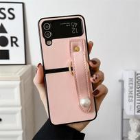 Prabangus perlinės odos riešo dirželis telefono dėklas, skirtas Samsung Galaxy Z Flip 4 3 Cover mielos spalvos apsauginiai dėklai, skirti Z Flip3 Flip4 5g For Z Flip 3 rožinė