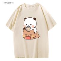 Bubu Is Watching Dudu While He Playing Games T-Shirts Cute Panda Bear Cartoon Tshirts Women Funny Top Kawaii Clothes S