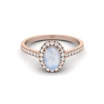 7x5 mm Oval Moonstone Halo 925 Sterling Silver Rose Vermeil Engagement Anniversary Women Ring 10 ryškiai rožinė