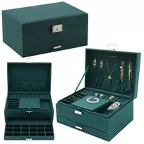 LEAN Jewelry Organizer Box su stalčiumi ir raktu, žalias aksomas