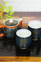 Waza no Kura Stylish Pair Teacups and Teapot Kutani Blue Grain Japanese Made in Perfect Gift for or 88th Birthday Celebrations Set, Ware, Clematis,