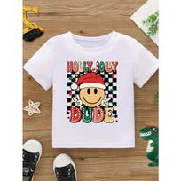 European sizes Boy Holly Jolly Dude Letter And Cartoon Pattern Print Trendy Versatile Casual T-Shirt 110 balta