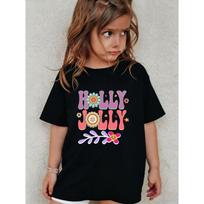European sizes Children HOLLY JOLLY Vintage Pattern T-Shirt - Colorful Floral Design, Pink Contour, Casual Short Sleeve T-Shirt for Girls - Ideal for 98cm juoda