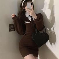 Senovinė mokyklinė marškinė Suknelė Moteriška Preppy Style Retro studentiška Bodycon Apvyniojama plonos trumpos suknelės Apvalkalai Rudens mada S ruda