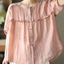 Summer Retro Sweet Fungus Lace Top Loose Plus Size Artistic Short Sleeved Versatile Shirt Blouses & Shirts M rožinė