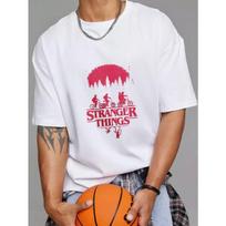 Stranger Things T-shirt Balta dviračio kelionė miške spausdinimas ir tekstas Atsitiktiniai drabužiai vyrams ir moterims S balta