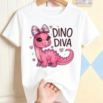 Vaikiški rožiniai dinozaurų princesės lanko grafikos apvalios apykaklės trumpomis rankovėmis marškinėliai 110 balta