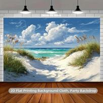 2D plane tranquil beach path background fabric lush green grassland and golden seaweed room decoration polyester fiber 47.2x31.5inch/120*80cm