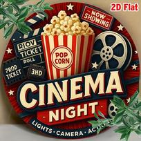 Vintage Cinema Night Popcorn  Film Reel Retro Movie Design with Vibrant Finish  D Flat Style Round Metal Tin Sign  Nostalg 20x20cm(8x8inch)