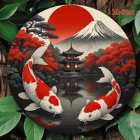 D bemolio metalo sienos menas Karosai Žuvelės Fudži kalnas su japoniška pagodomis Raudoni balti karosai ramiame kraštovaizdyje Geležies ženklas namams O 30x30cm(11.8x11.8inch)